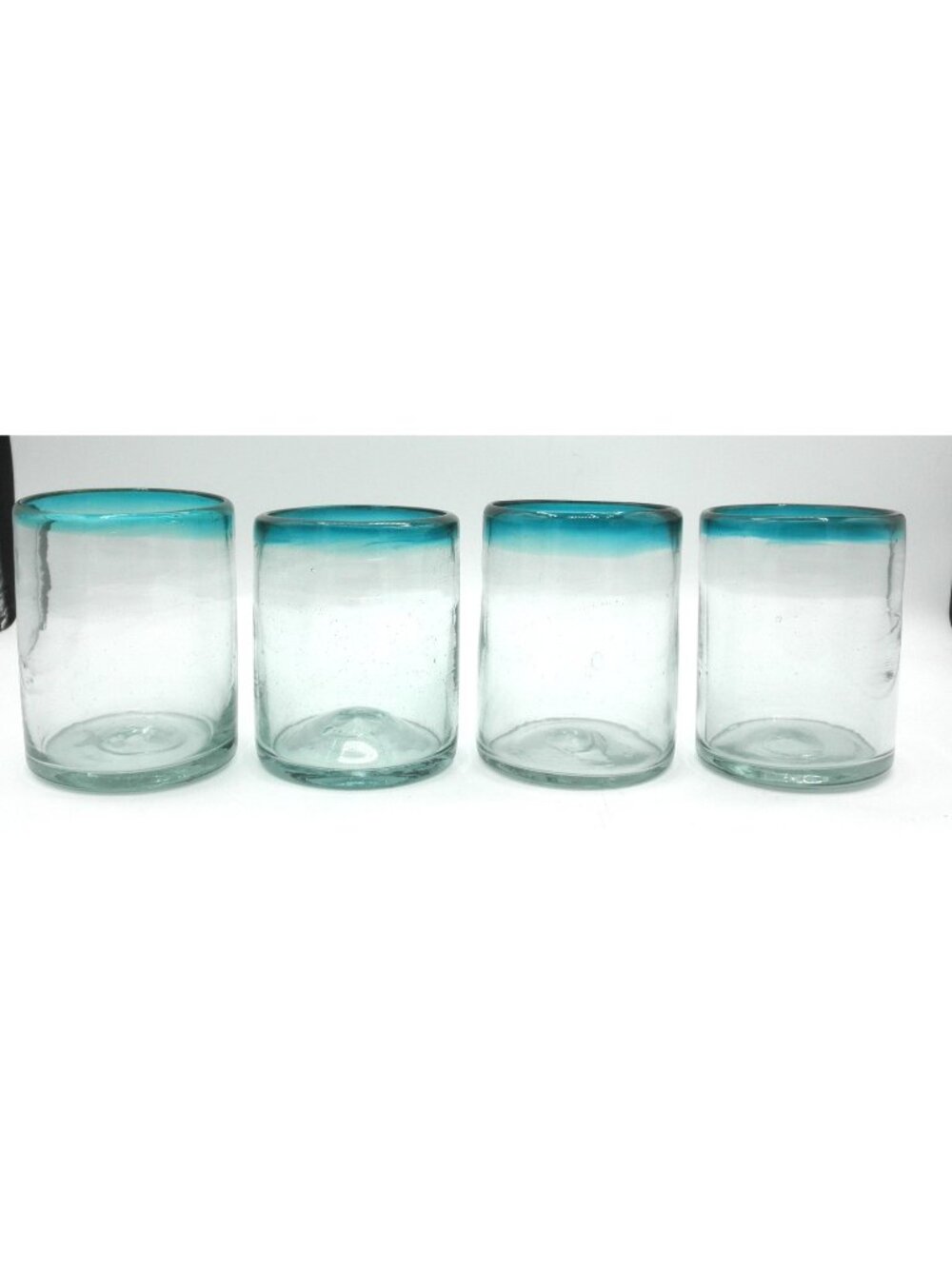 Artisanal Recycled Glass Rocks Glasses w/Air Bubbles Aqua/Teal Rim Set of 4